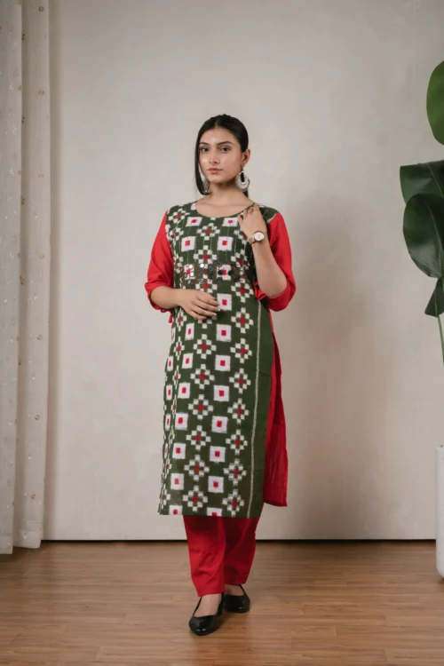 SA Green & Red Mirror Work Sambalpuri Kurti