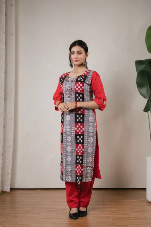 SA Grey & Red Sambalpuri Kurti