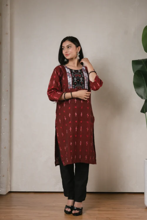 SA Maroon Tribal design Sambalpuri kurti