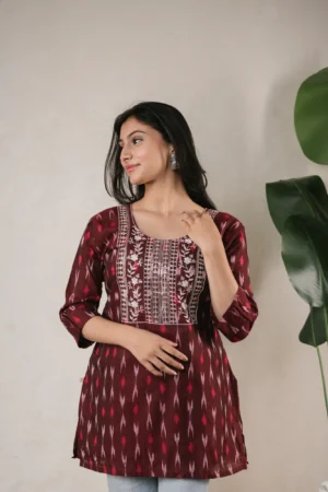 SA Sequence Thread Work Short Kurti - Maroon