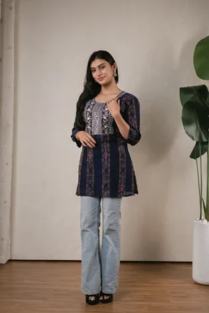 SA Sequence Thread Work Short Kurti - Navy Blue