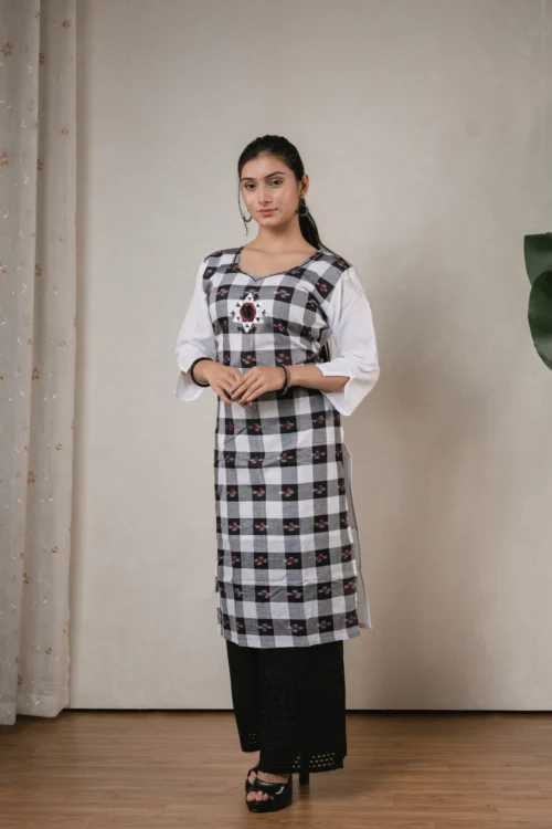 SA White & Black Mirror work Sambalpuri Kurti